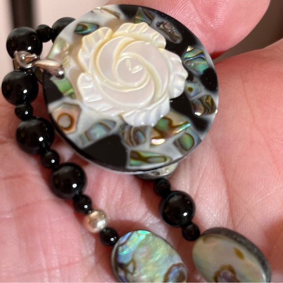 Vintage 1990 Y2K Retro Deco MOP Black Onyx 18kGP toggle clasp Hawaiian Necklace - Picture 11 of 17